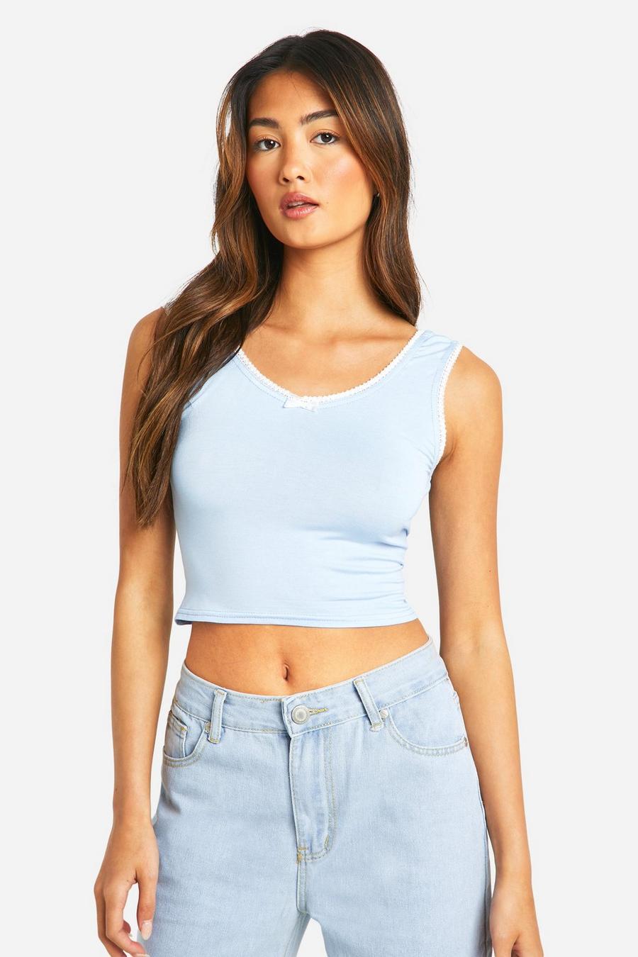 Baby blue Wide Strap Scoop Neck Bow Trim Tank Top image number 1