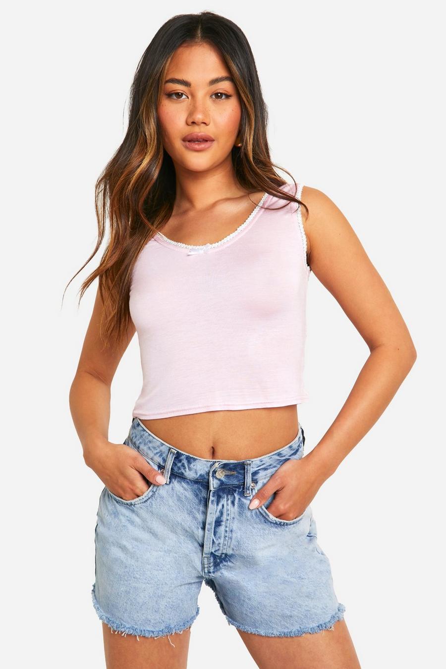 Baby pink Wide Strap Scoop Neck Bow Trim Tank Top