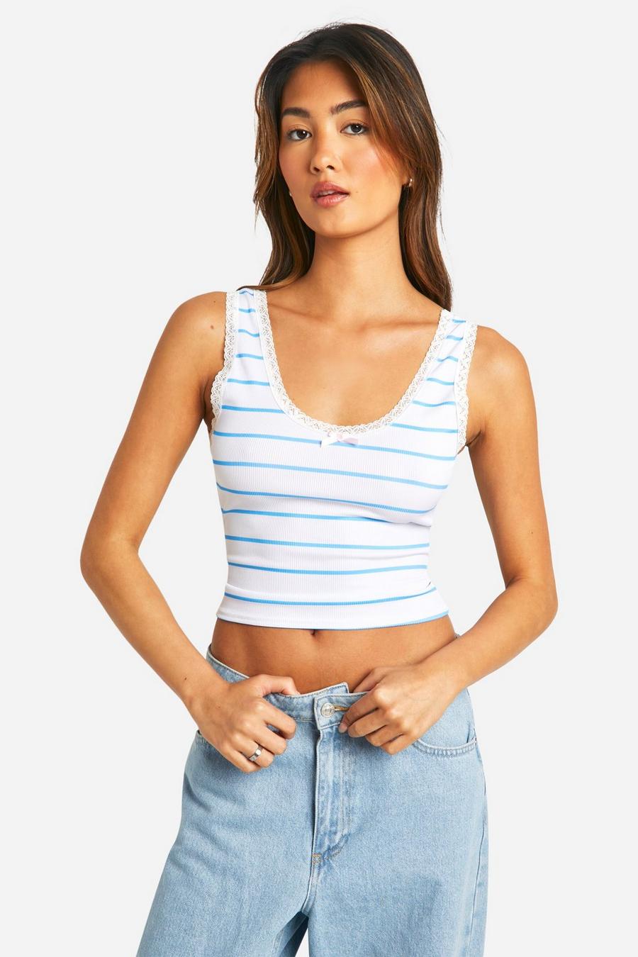 White Stripe Scoop Bow Tank Top image number 1