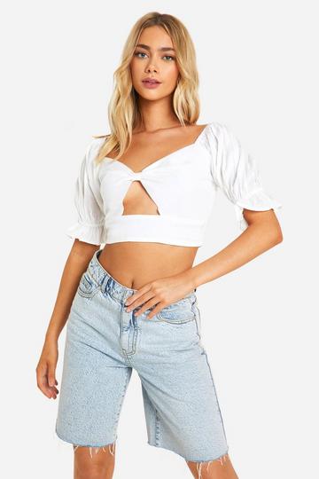 Linen Look Puff Sleeve Crop Top white