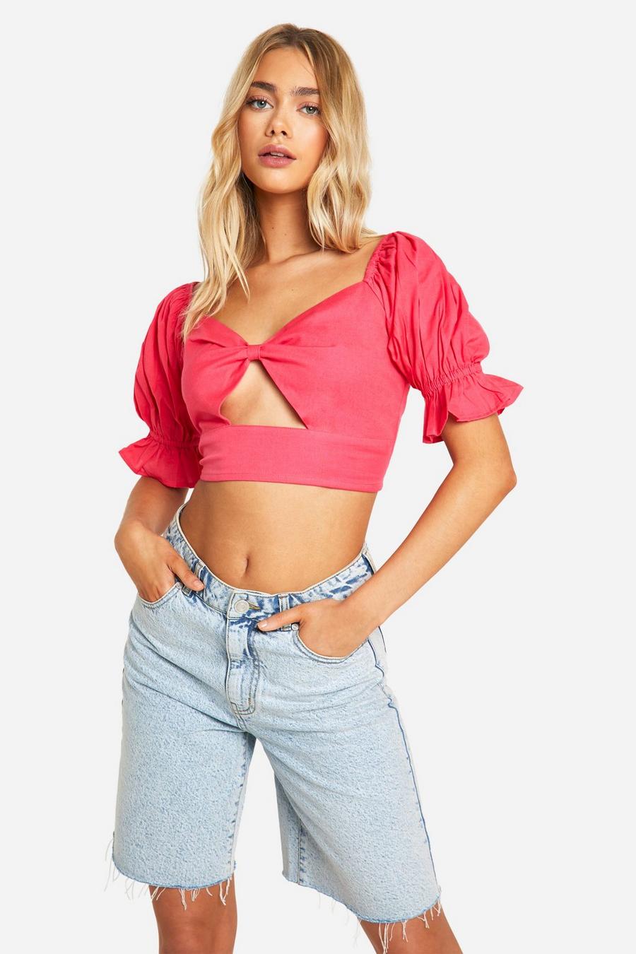 Hot pink Linen Puff Sleeve Bardot Corset   image number 1