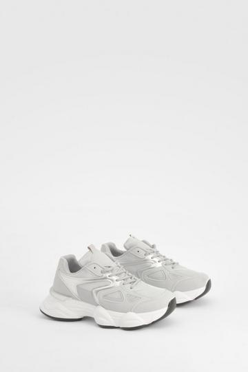 Grey Metallic Panel Chunky Sporty Sneakers