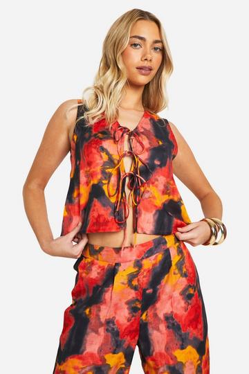 Orange Tonal Tie Dye Linen Look Tie Front Top