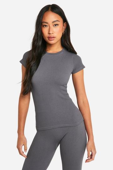 Boohoo Basics Seamless Contour Rib Short Sleeve Top charcoal