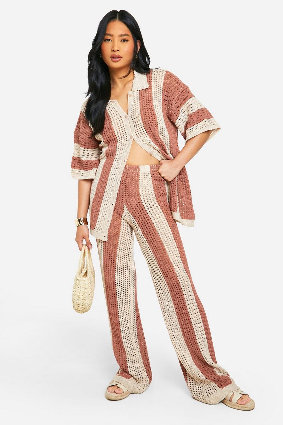 Taupe Petite Knit Stripe Wide Leg Trouser image number 1