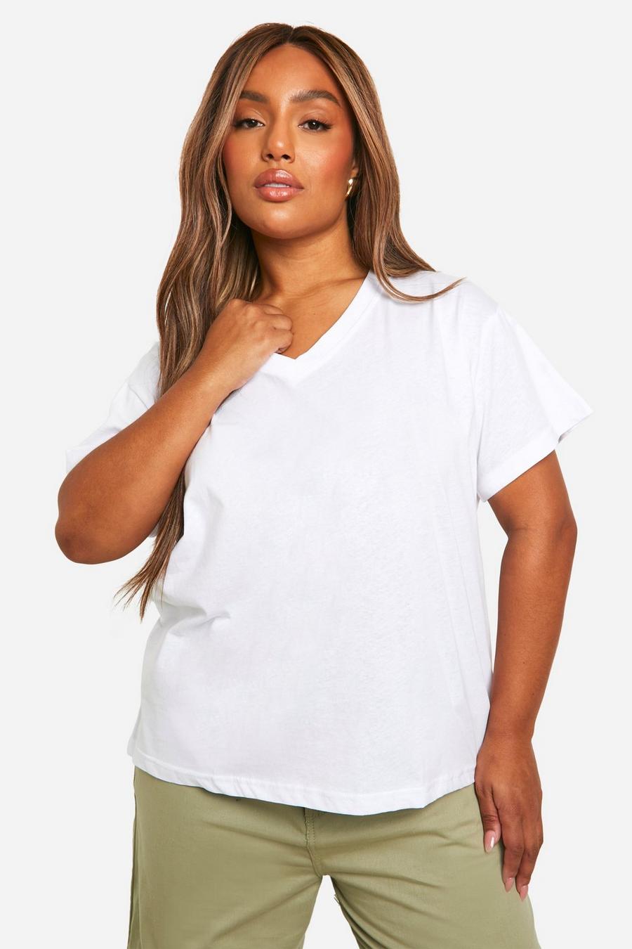 White Plus V Neck Basic Cotton T-shirt