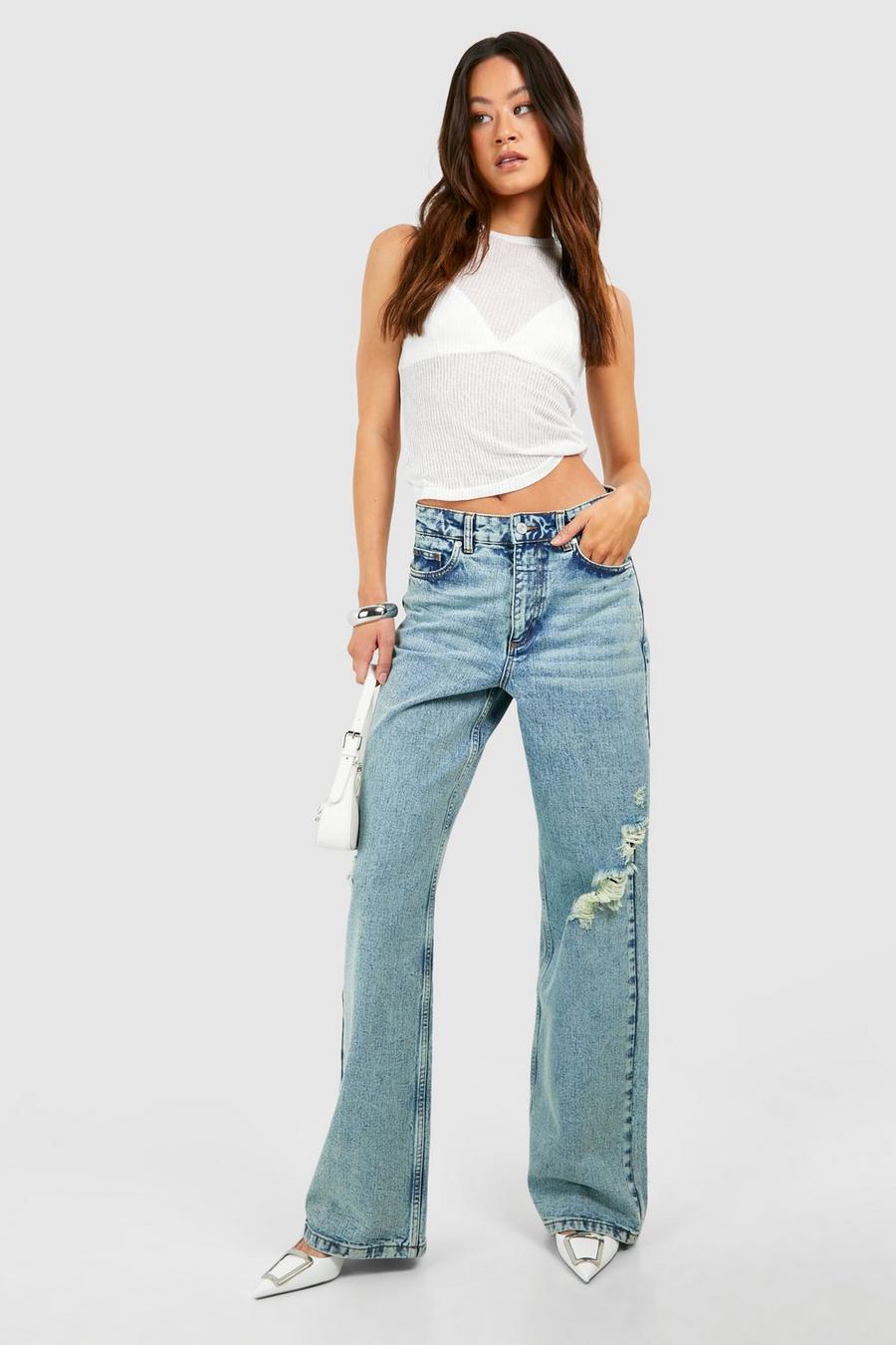 Washed blue Tall Light Blue Washed Ripped Wide Leg Jeans  image number 1