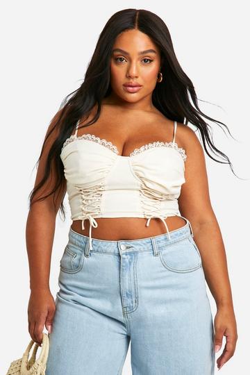 Plus Chiffon Lace Up Corset Top cream