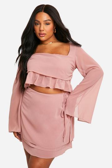 Pink Plus Chiffon Ruffle Hem Long Sleeve Top