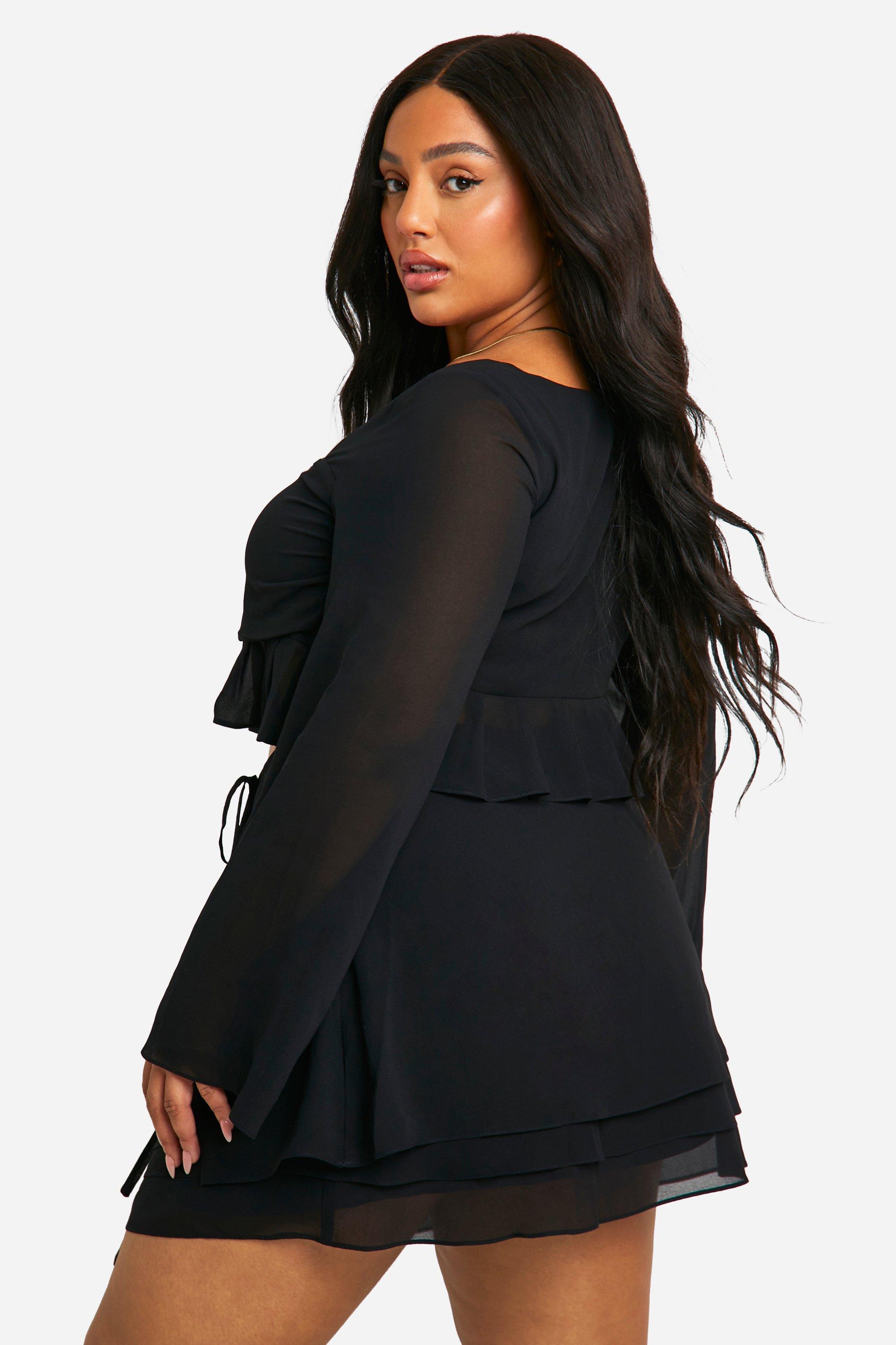 Plus Chiffon Ruffle Hem Long Sleeve Top