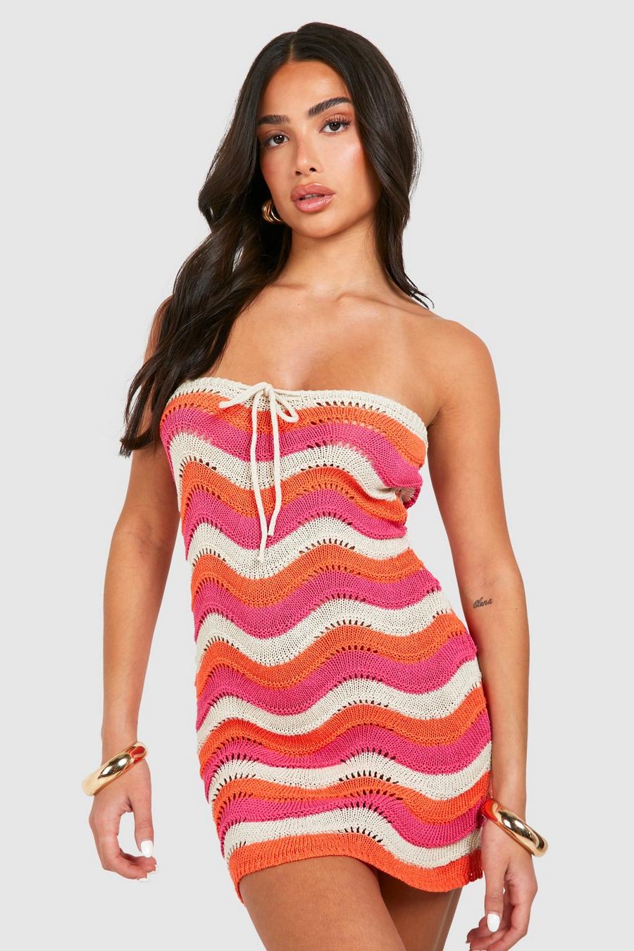 Pink Petite Stripe Knit Bandeau Mini Dress image number 1