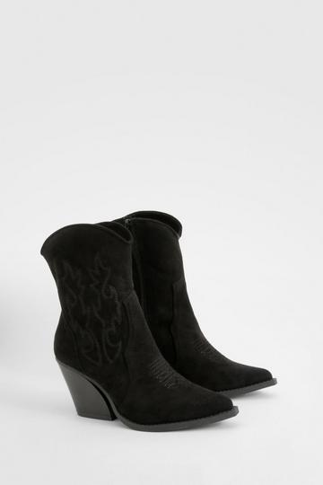 Black Embroidered Calf High Western Boots