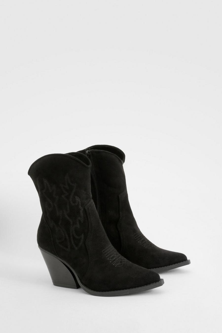 Black Embroidered Calf High Cowboy Boots