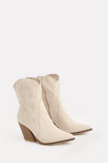 Beige Embroidered Calf High Western Boots