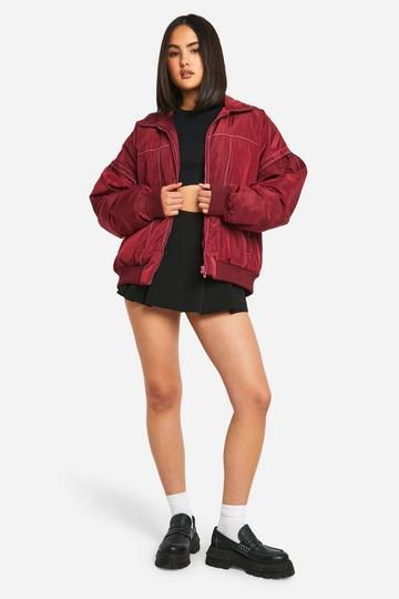 Burgundy Red Contrast Stitch Detail Oversized Bomber Jacket