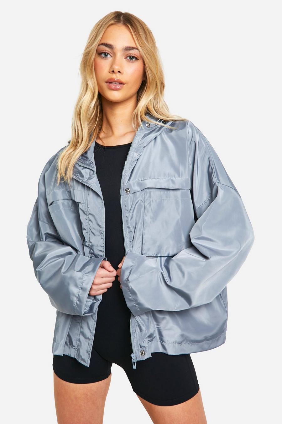 Slate grey Pocket Detail Oversized Hooded Jacket