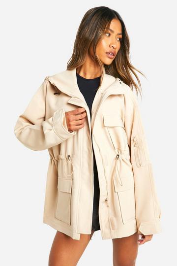 Stone Beige Synched Waist Longline Hooded Jacket