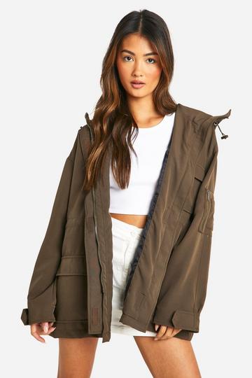 Synched Waist Longline Hooded Festival Jacket khaki