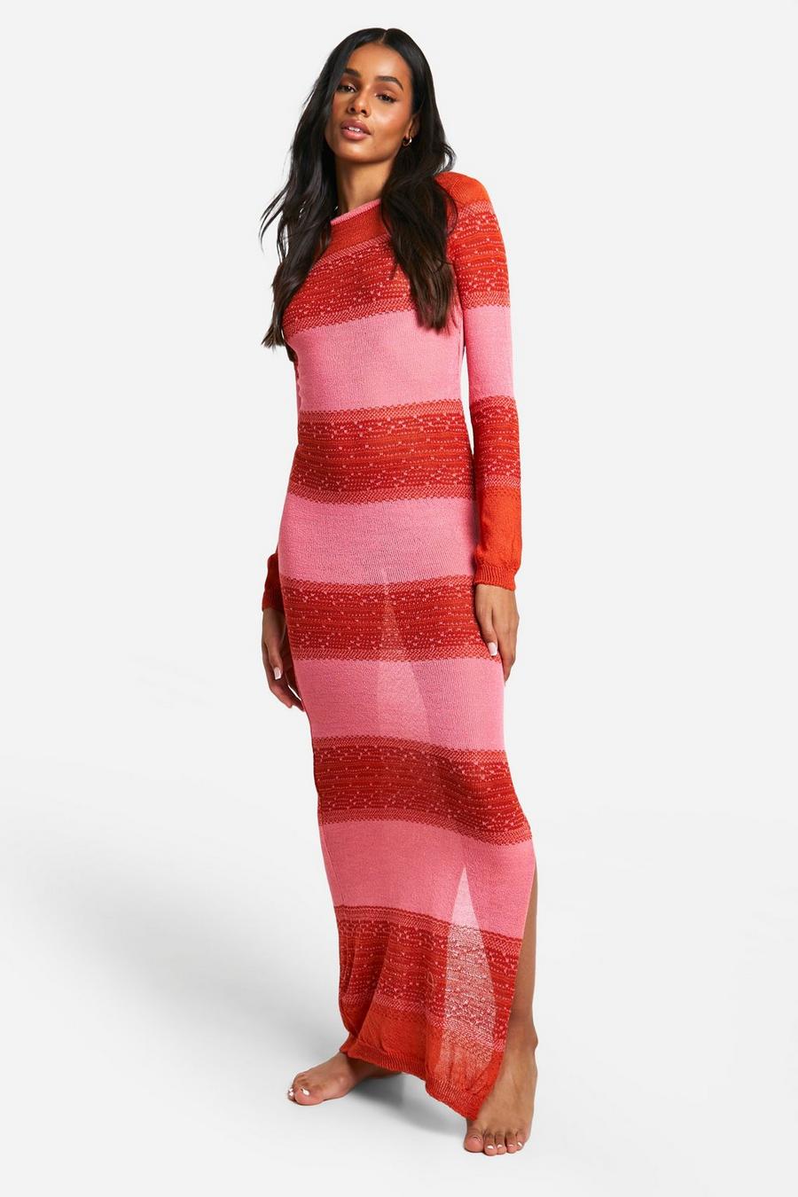 Pink Tall Crochet Beach Striped Maxi Dress image number 1