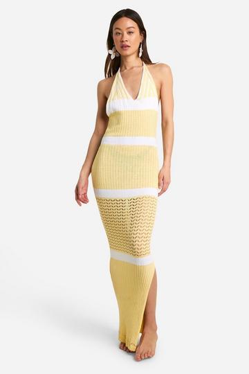 Lemon Yellow Tall Crochet Beach Halterneck Stripe Maxi Dress