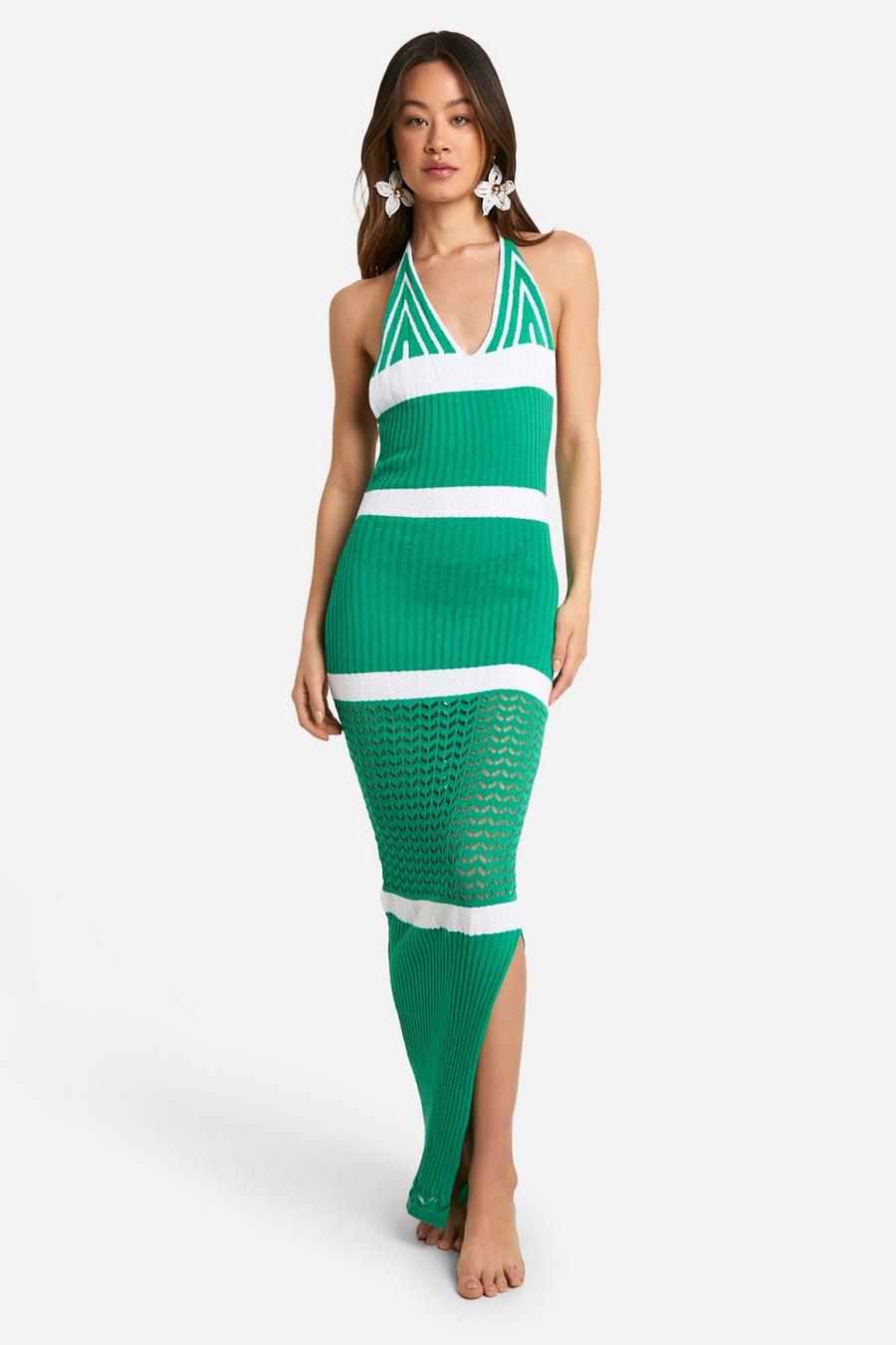 Tall gehäkeltes Neckholder-Strandkleid mit Streifen, Green