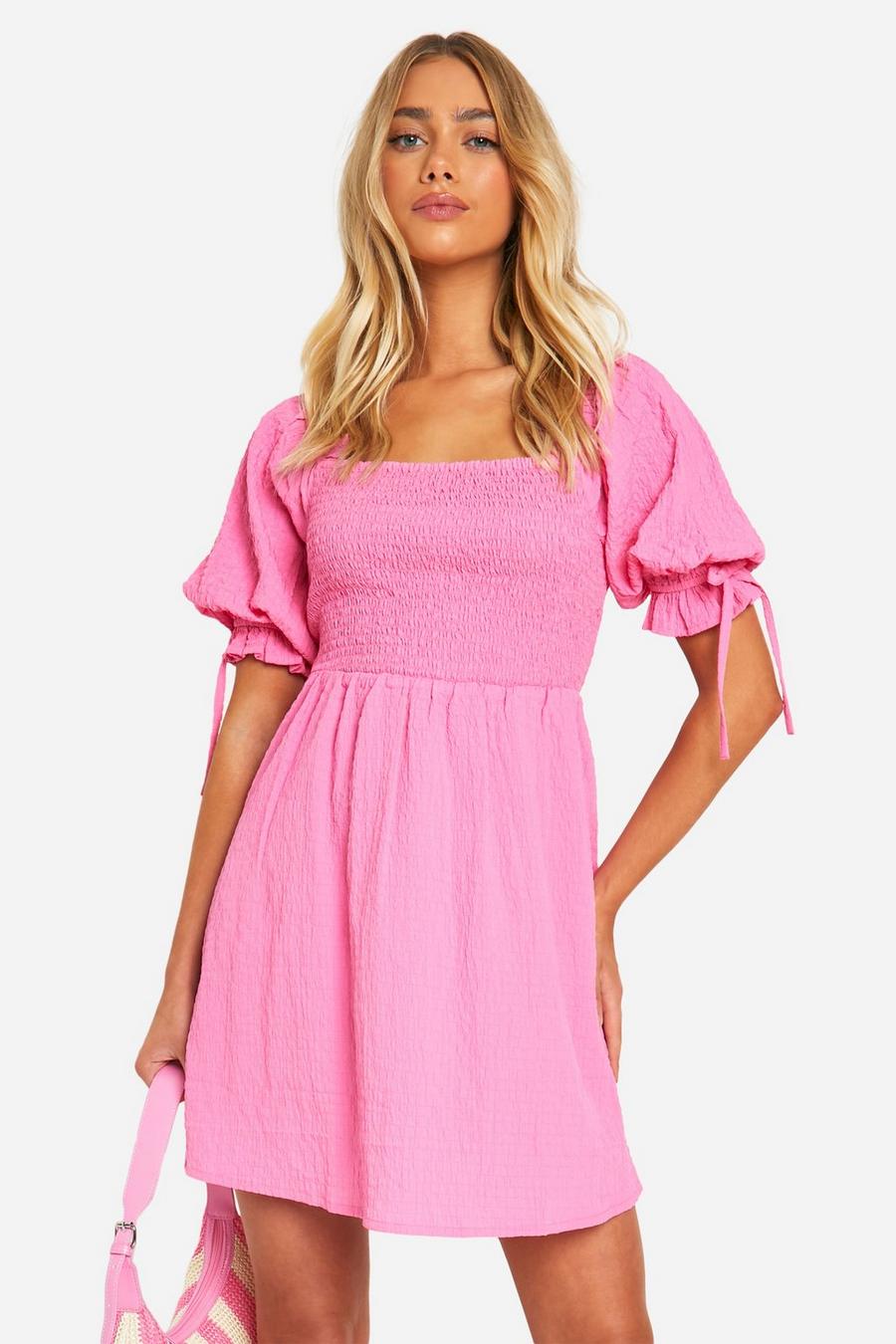 Pink Textured Puff Sleeve Smock Dress