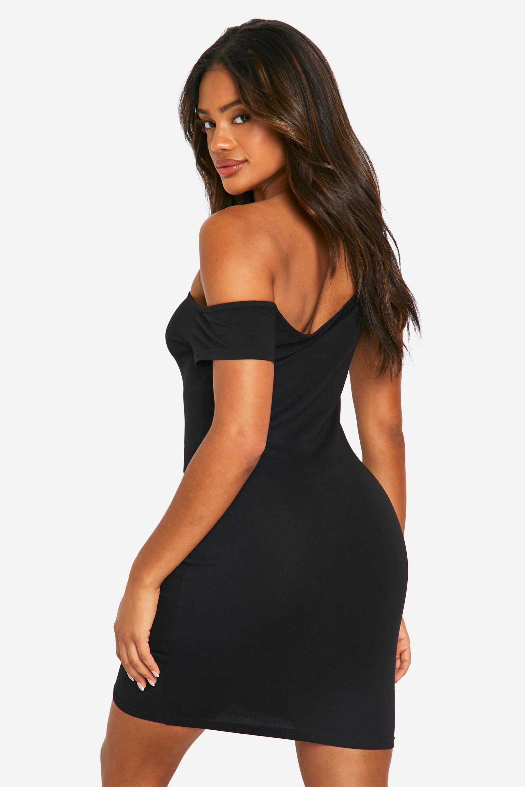 Boohoo Women s Basic Cotton Asymmetric Neck Bodycon Dress Black