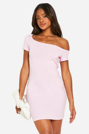 Pink Basic Cotton Asymmetric Neck Bodycon Dress