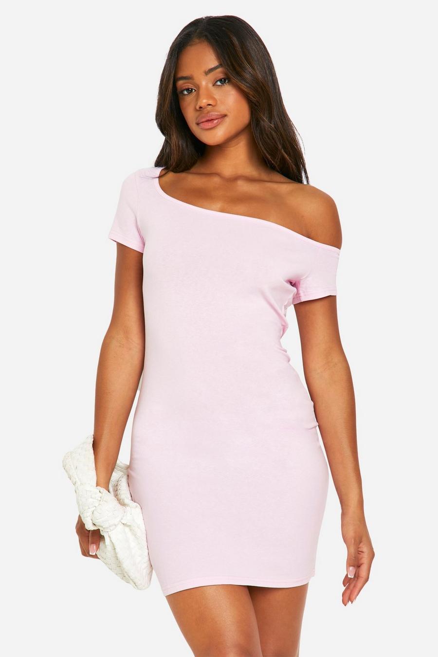 Vestido básico ajustado de algodón con escote asimétrico, Pink image number 1