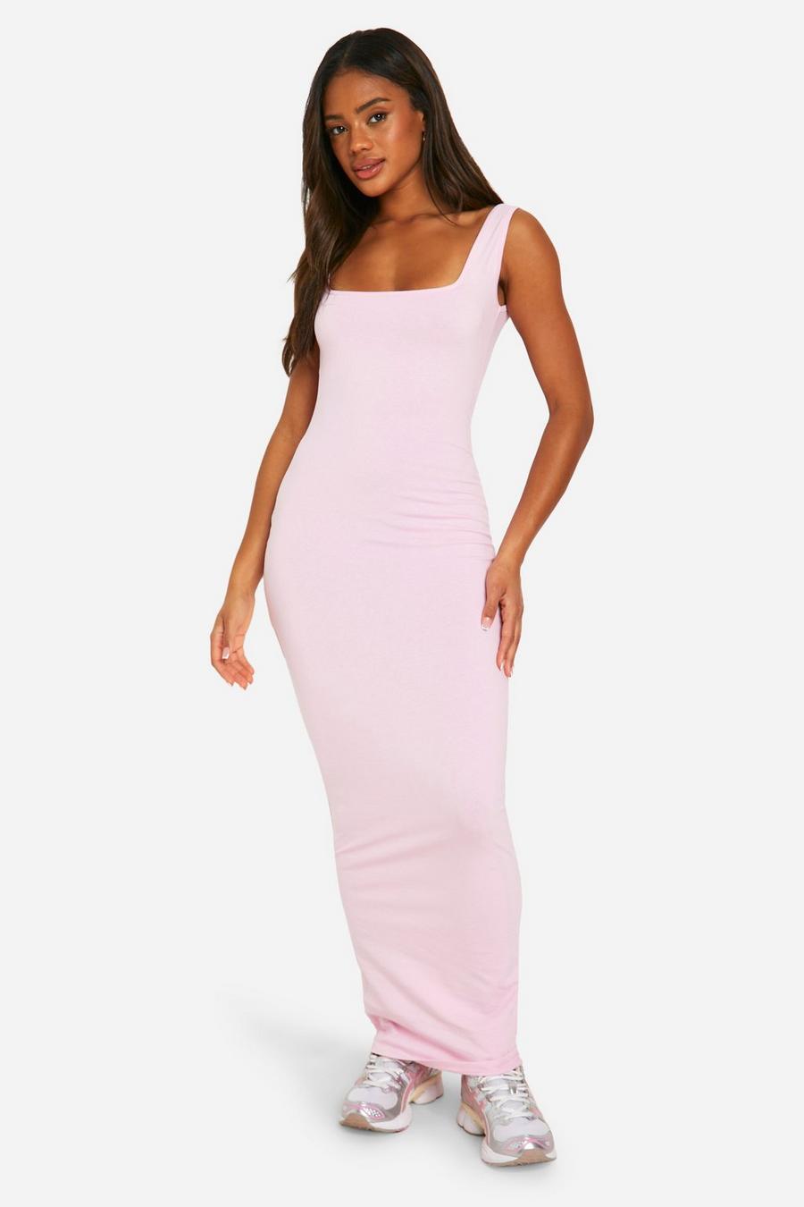 Pink Basic Cotton Square Neck Maxi Dress 