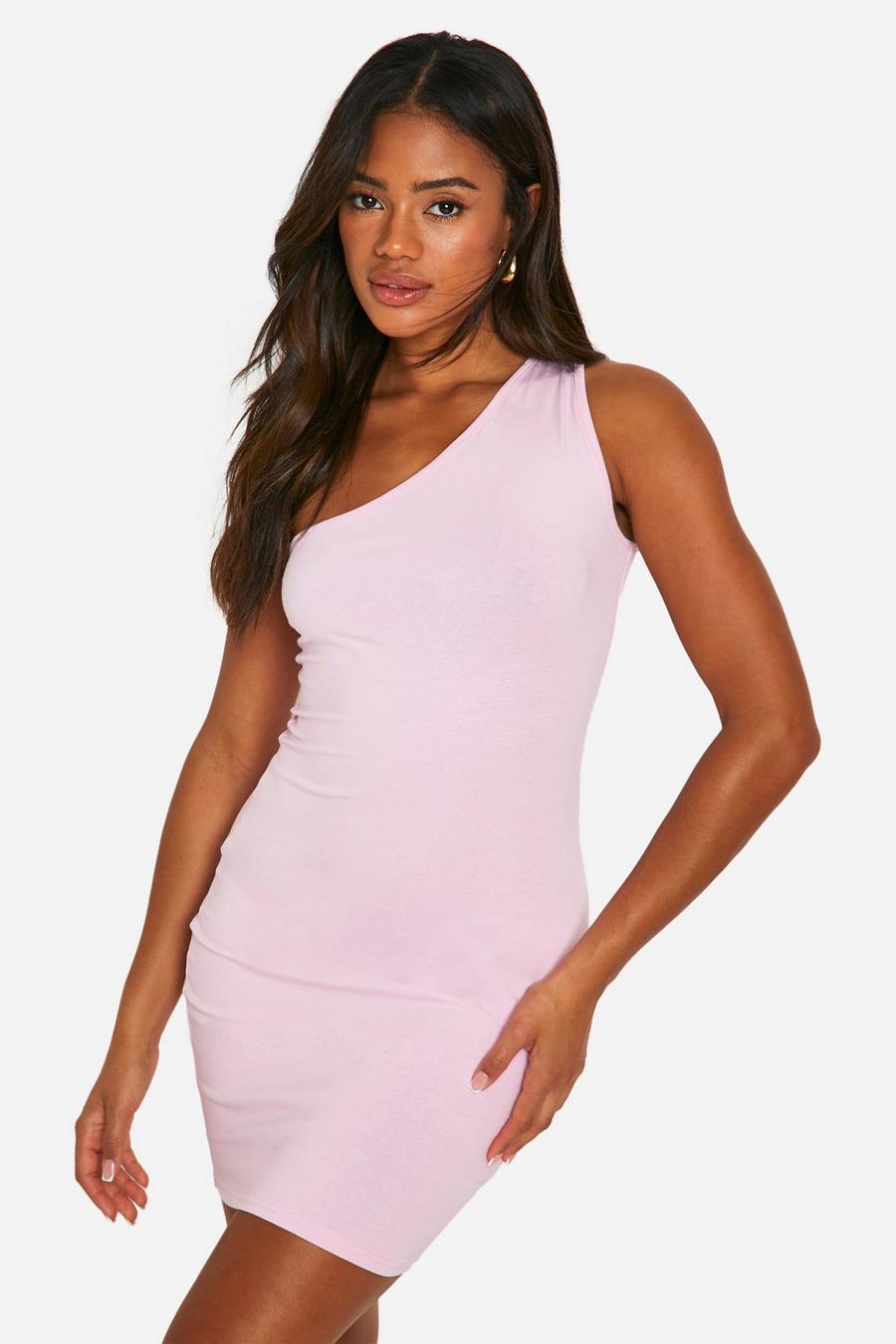 Pink Basic Cotton Asym Neck Mini Dress image number 1