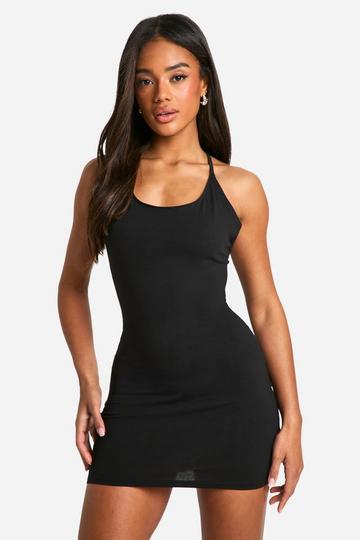 Basic Cotton Strappy Cross Back Mini Dress black