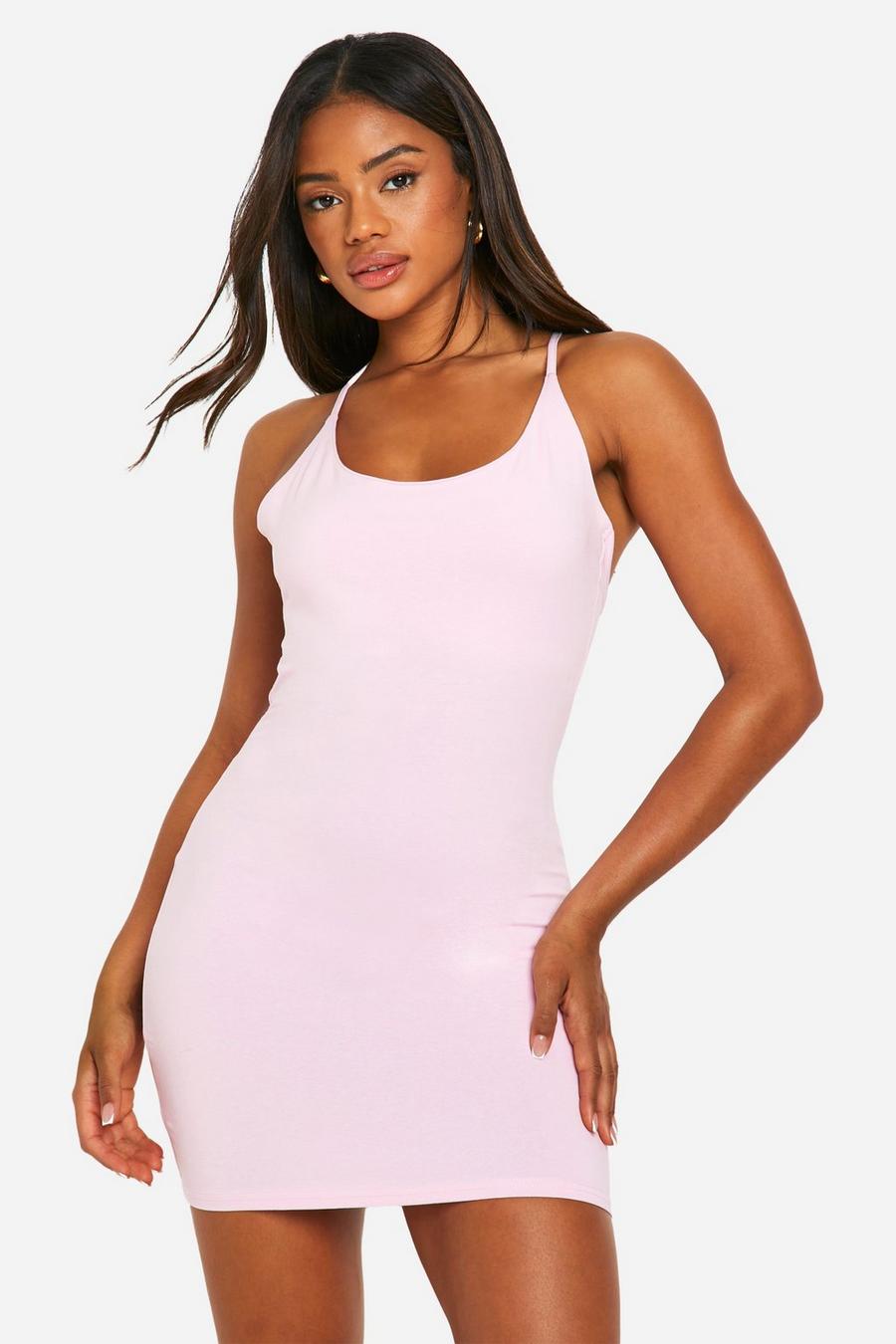 Pink Basic Cotton Strappy Cross Back Mini Dress   image number 1
