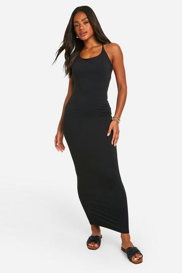 Basic Cotton Strappy Cross Back Maxi Dress black