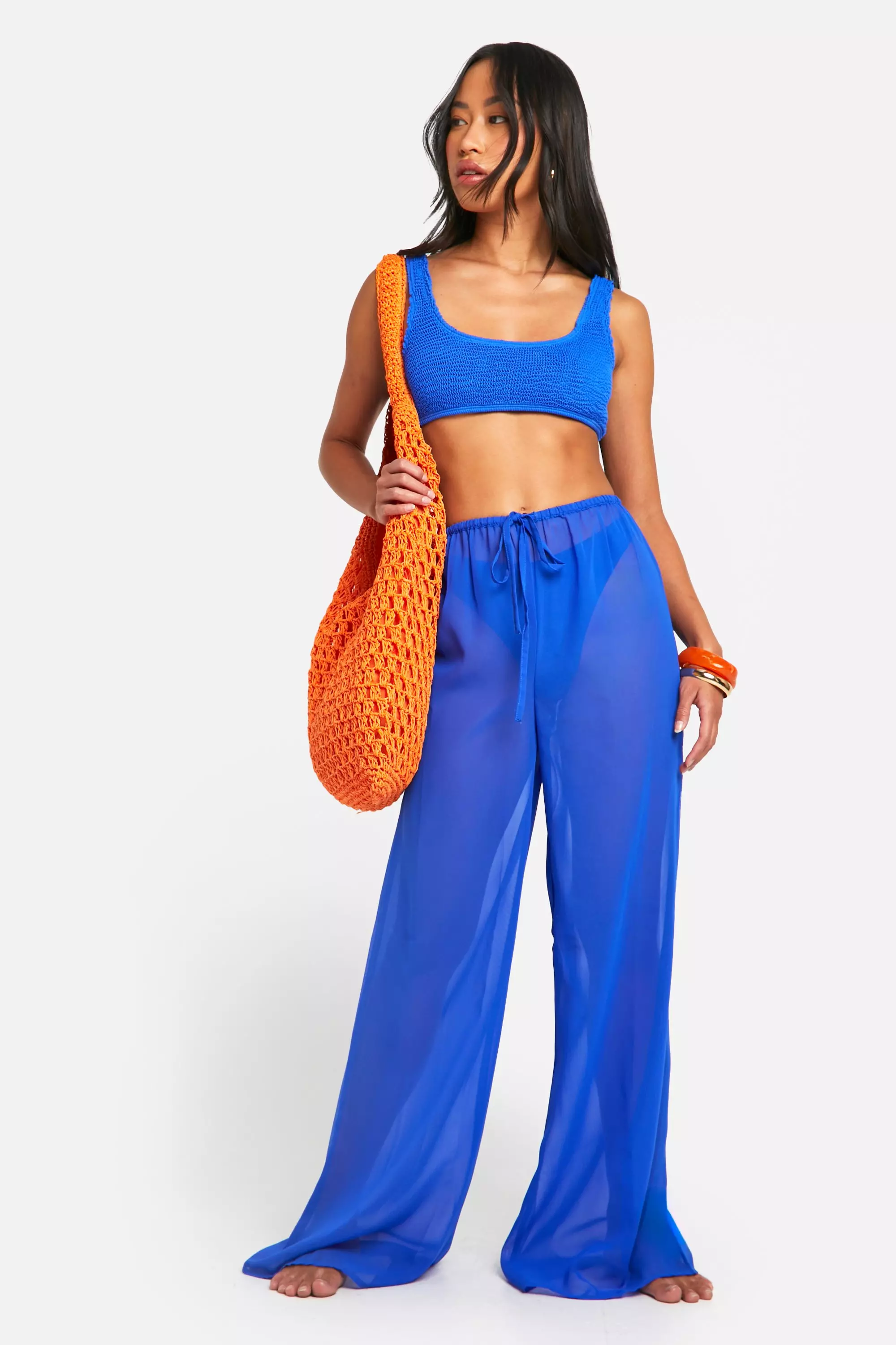 Bright blue Drawstring Tie Beach Trousers  alternative image