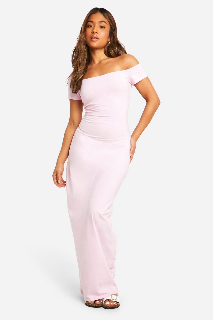 Pink Petite Basic Cotton Asym Neck Bodycon Maxi Dress