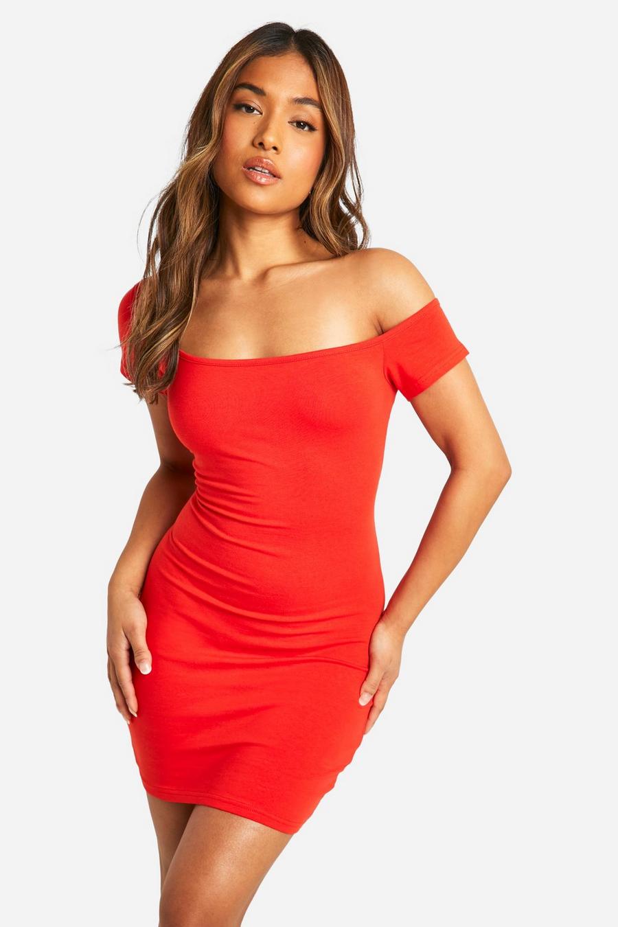 Red Petite Basic Cotton Asym Neck Bodycon Dress  image number 1