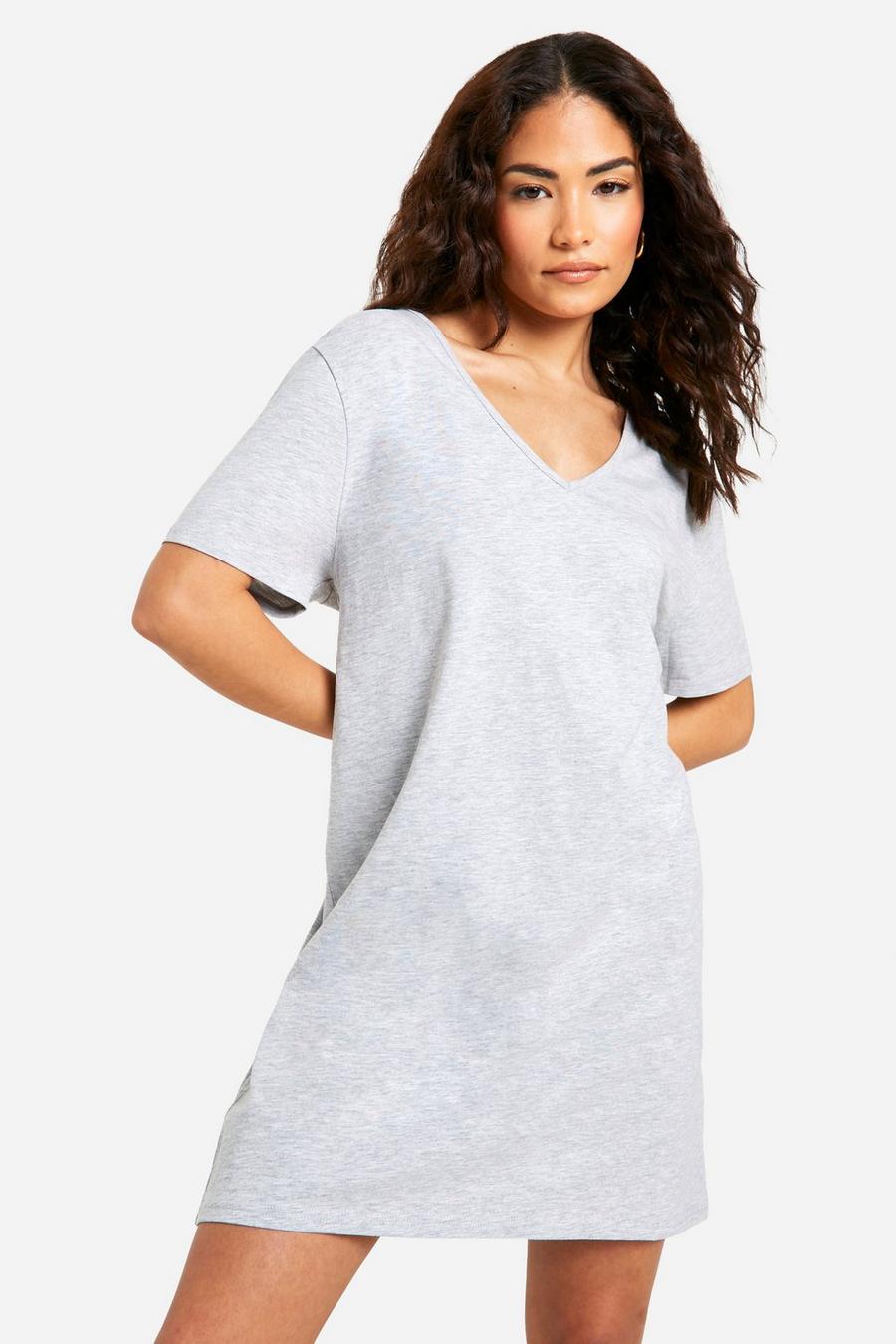 Grey Petite Basic Vneck Oversized T-shirt Dress image number 1