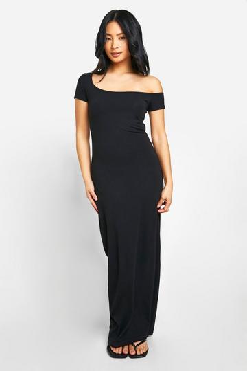 Petite Basic Cotton Asym Neck Bodycon Maxi Dress black