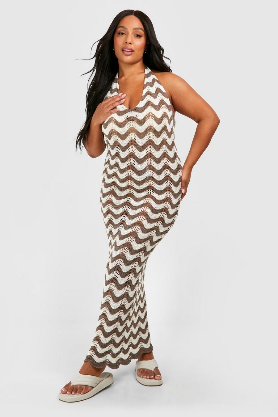 Brown Plus Stripped Halter Wave Crochet Maxi Dress image number 1