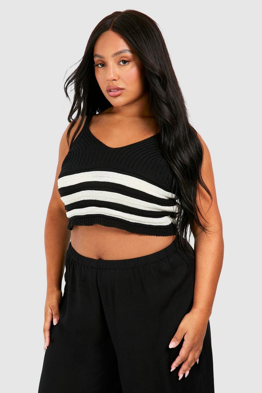 Top Plus Size a righe con spalline, Black image number 1