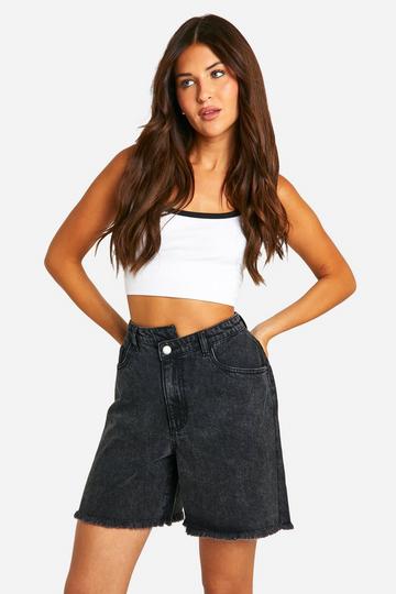 Long Line Denim Shorts Met Asymmetrische Tailleband washed black