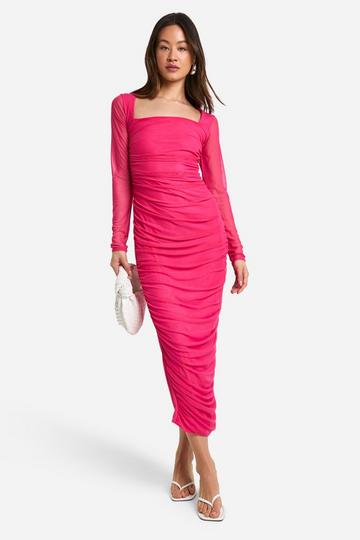 Fuchsia Pink Tall Square Neck Ruched Mesh Midaxi Dress