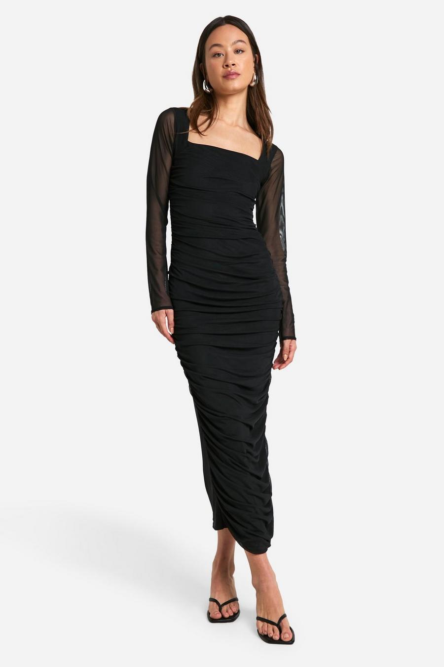 Black Tall Square Neck Ruched Mesh Midi Dress image number 1