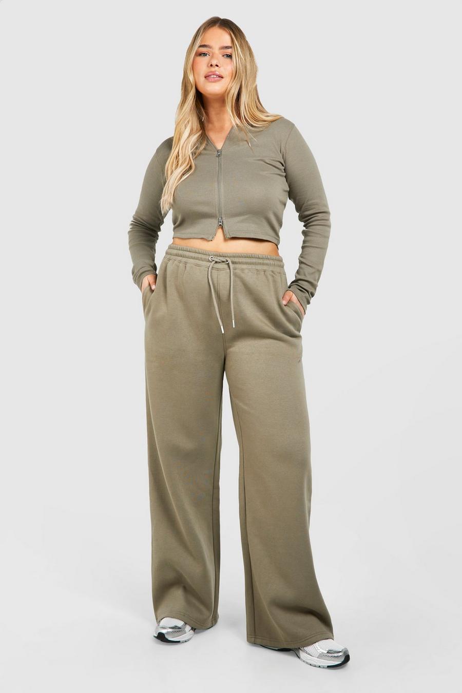 Set Plus Size top a maniche lunghe a coste con doppia zip & pantaloni tuta dritti, Khaki