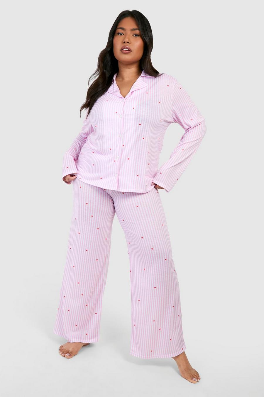 Pantaloni pigiama Plus Size a righe verticali con cuori Love, Pink image number 1