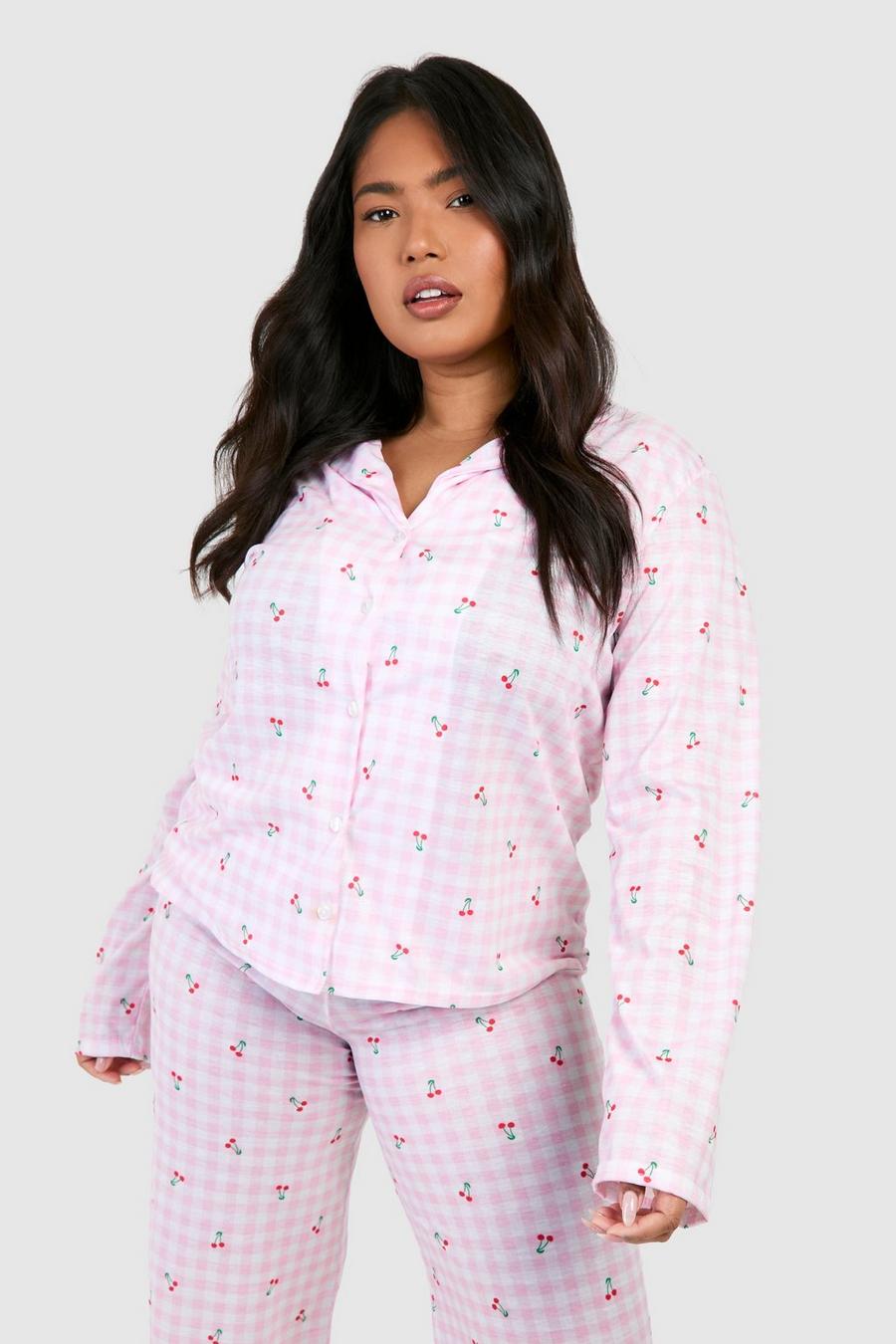 Pink Plus Cherry Checked Long Sleeve Button Pj Shirt image number 1
