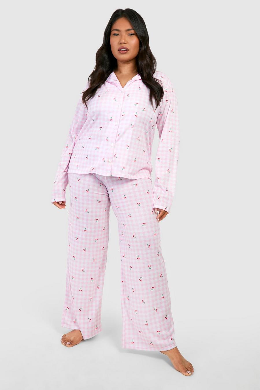 Pantalón Plus de pijama con estampado de cuadros y cerezas, Pink image number 1