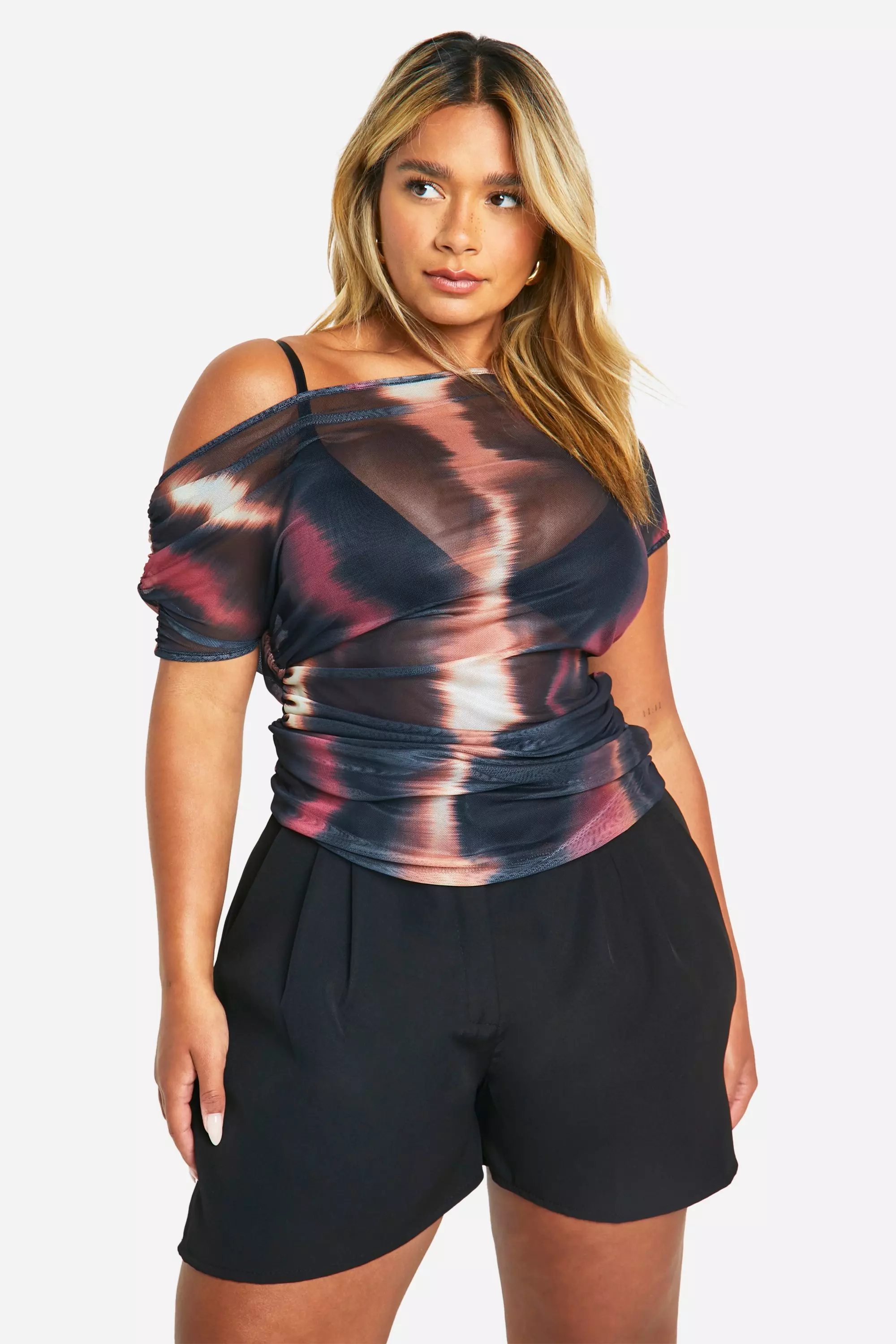 Pink Plus Asymmetric Cap Sleeve Mesh Top alternative image
