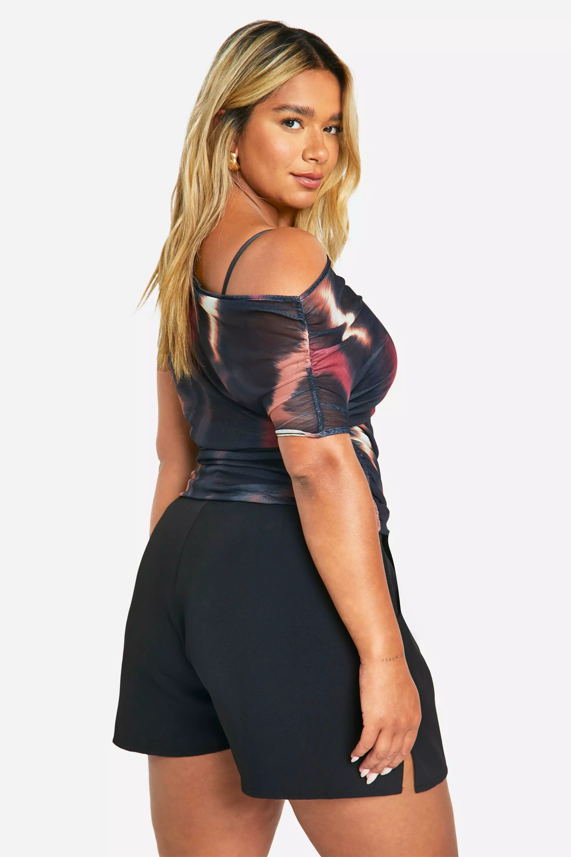 Pink Plus Asymmetric Cap Sleeve Mesh Top alternative image